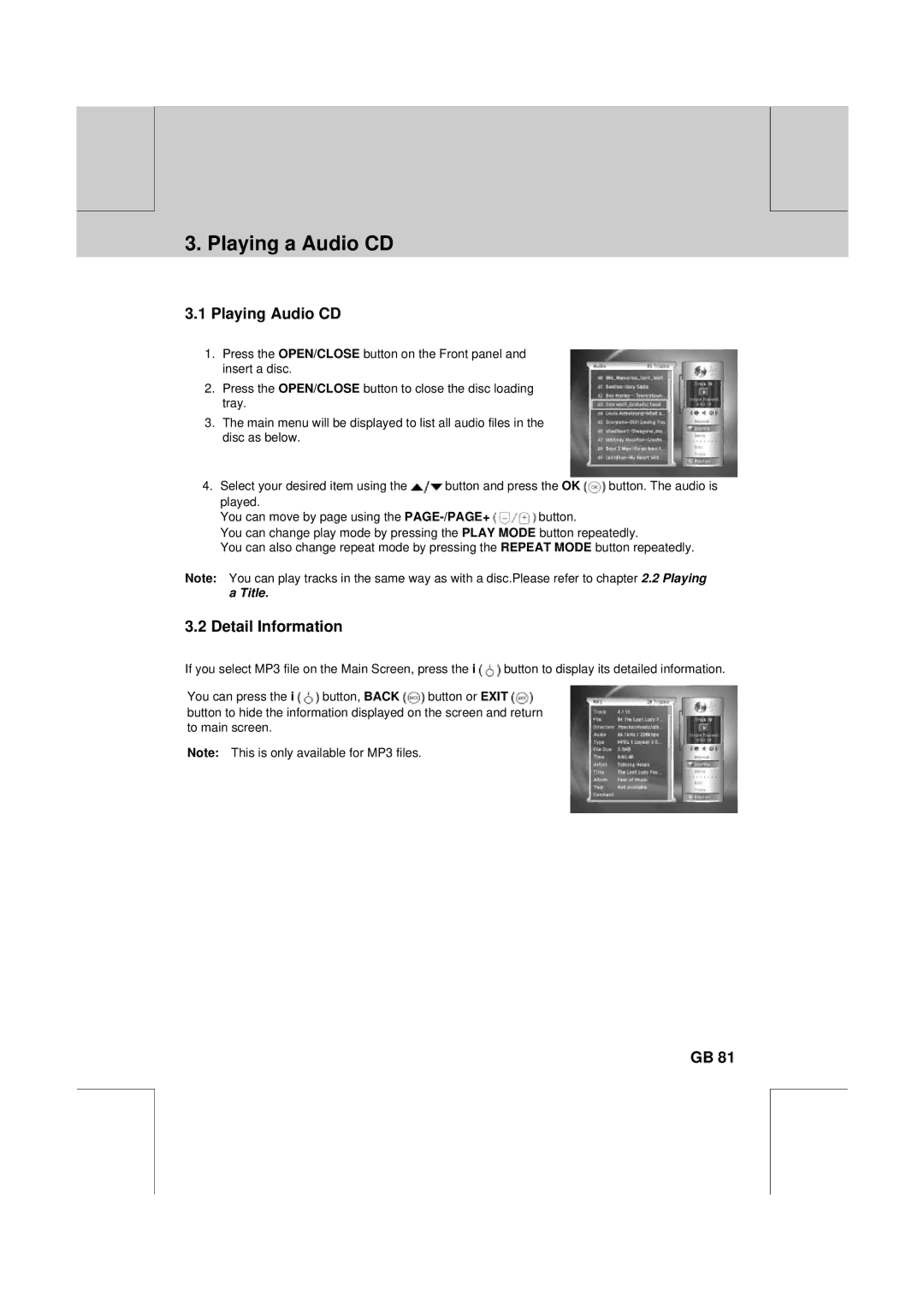 Humax DV-1000T manual Playing a Audio CD, Playing Audio CD, Detail Information 