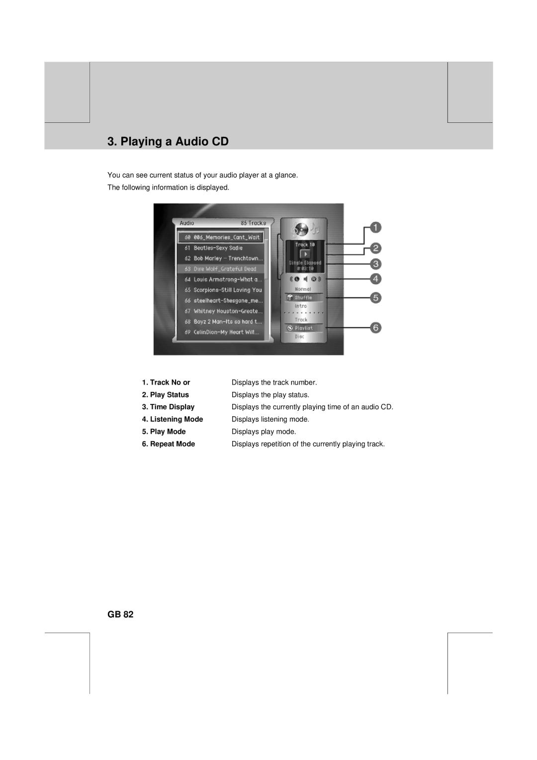 Humax DV-1000T manual Displays the currently playing time of an audio CD 