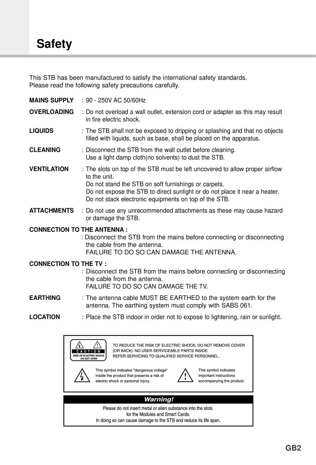 Humax F1-4000T manual Safety, Liquids 