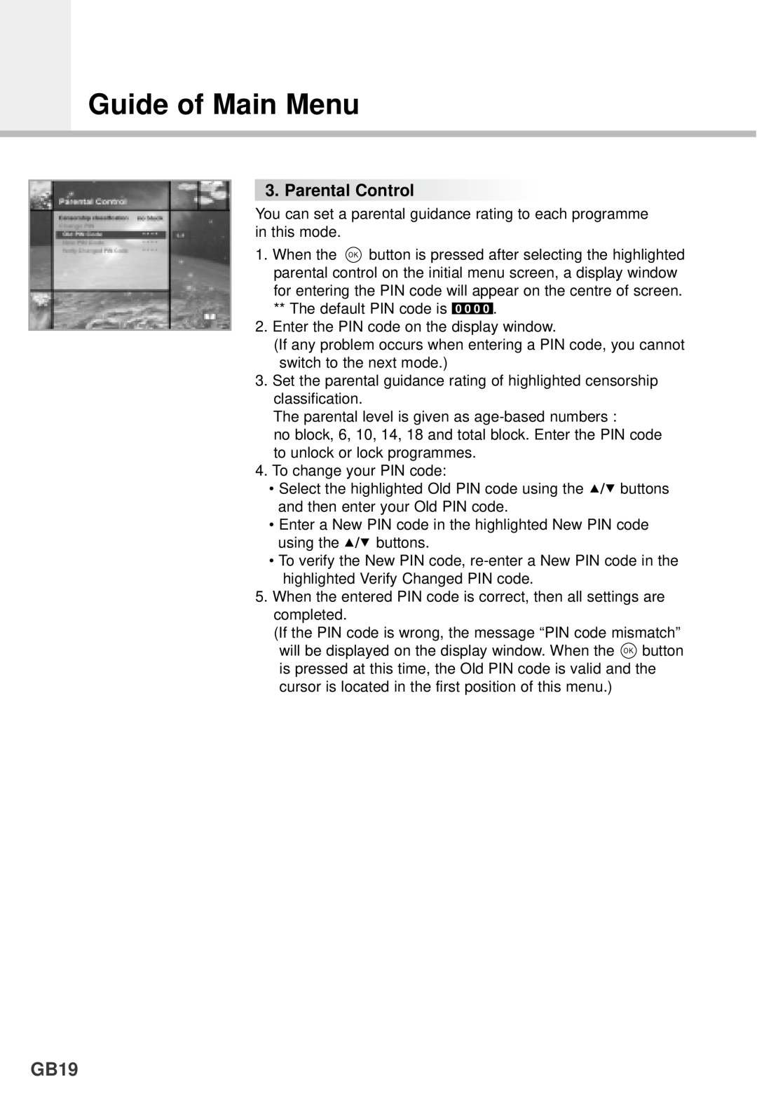 Humax F1-4000T manual GB19, Guide of Main Menu, ParentalControl 