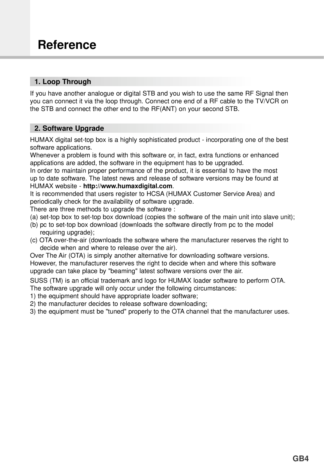 Humax F1-4000T manual Reference, Loop Through, Software Upgrade 