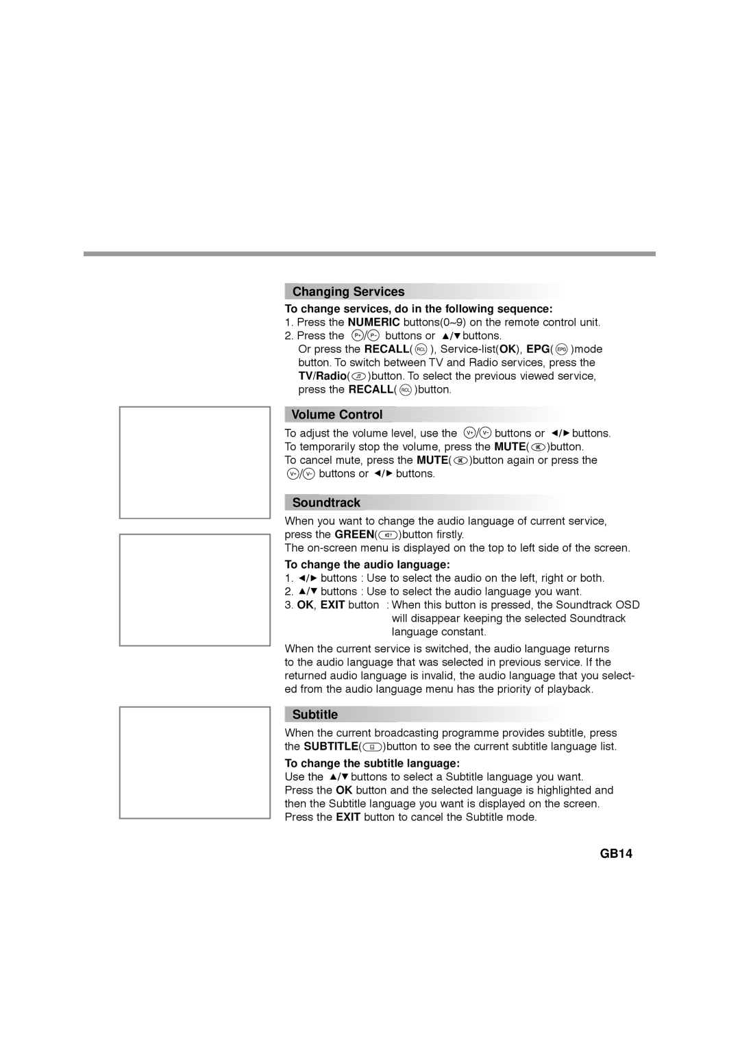 Humax F1-FOX, NA-FOX, CA-FOX, VA-FOX manual Changing Services, Volume Control, Soundtrack, Subtitle, GB14 