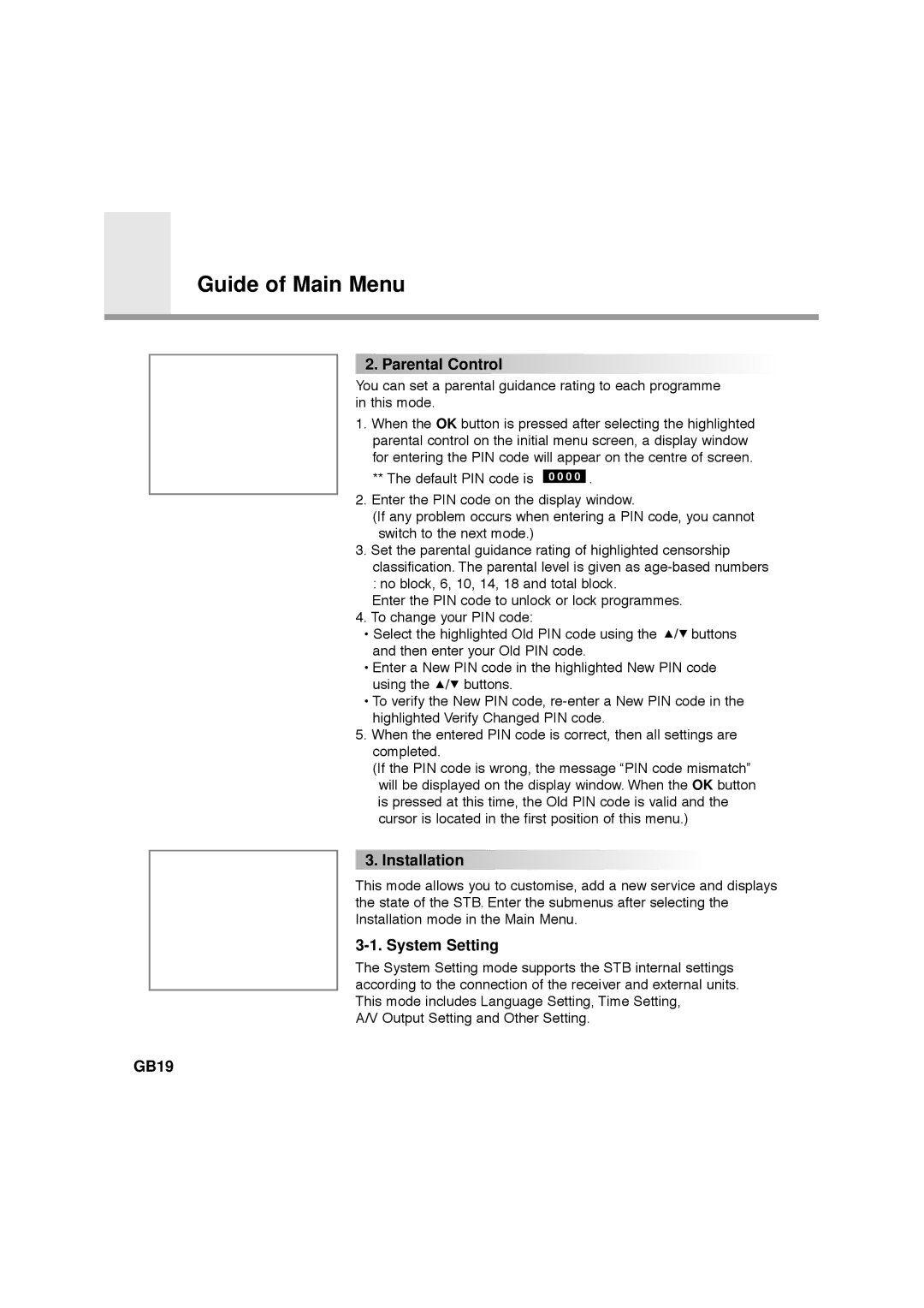 Humax NA-FOX, F1-FOX, CA-FOX, VA-FOX manual System Setting, GB19 