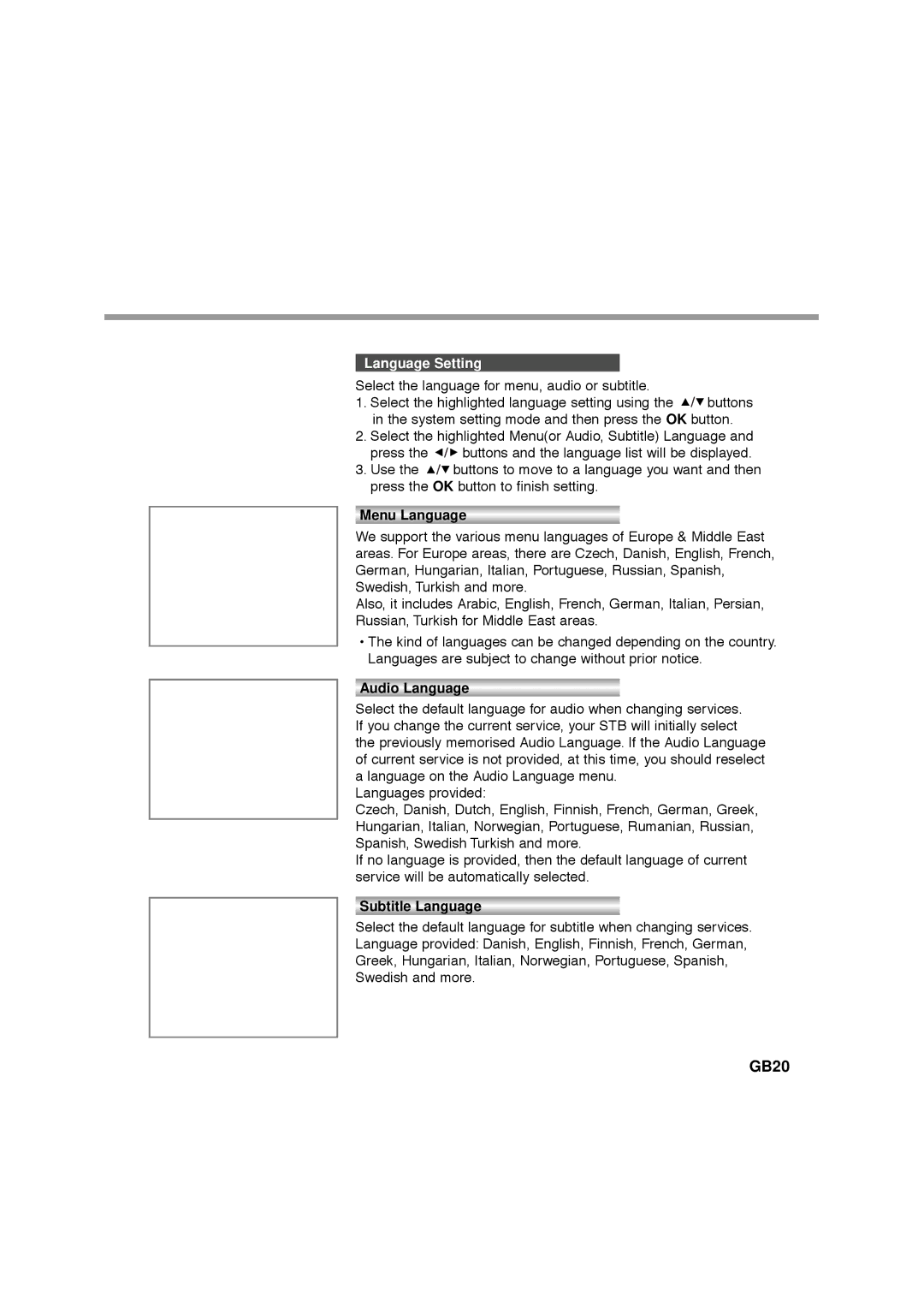 Humax CA-FOX, F1-FOX, NA-FOX, VA-FOX manual GB20, Language Setting, Menu Language, Audio Language, Subtitle Language 