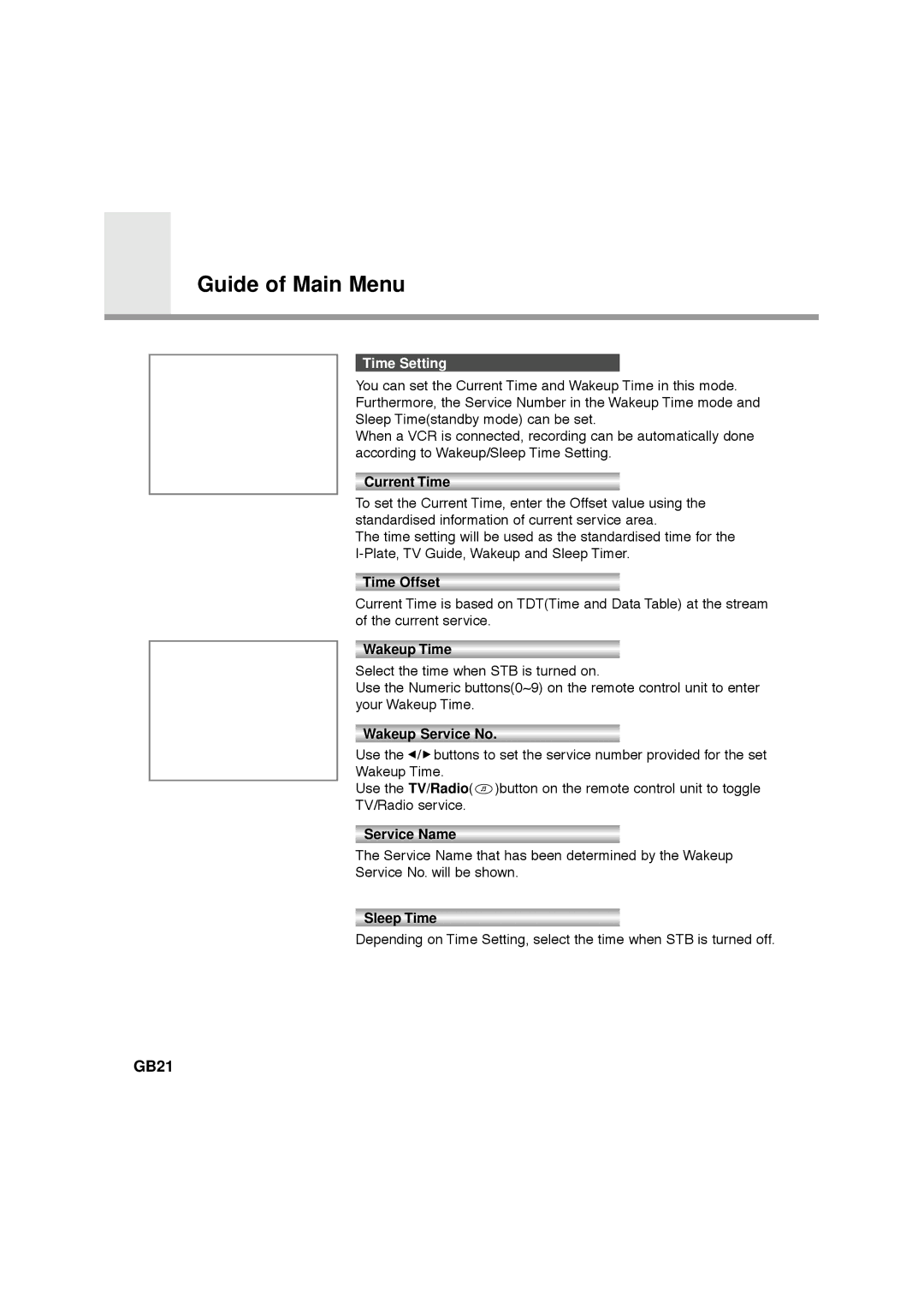 Humax VA-FOX, F1-FOX, NA-FOX, CA-FOX manual GB21, Time Setting 