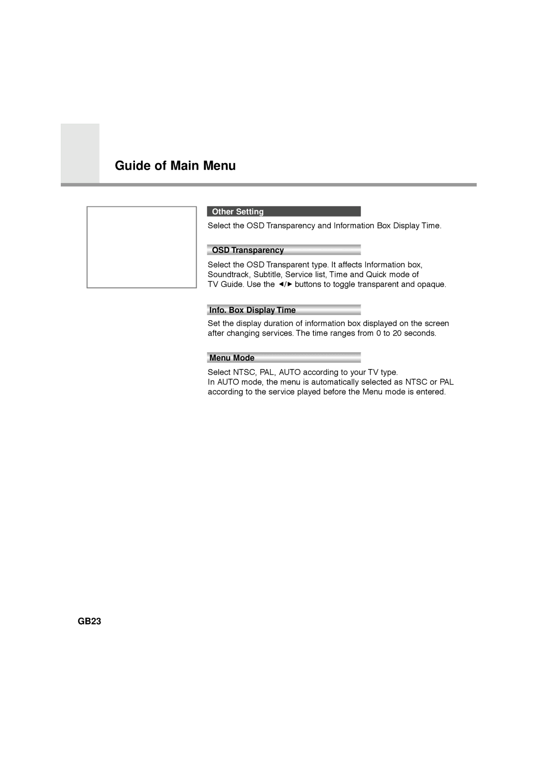 Humax NA-FOX, F1-FOX, CA-FOX, VA-FOX manual GB23, Other Setting, OSD Transparency, Info. Box Display Time, Menu Mode 