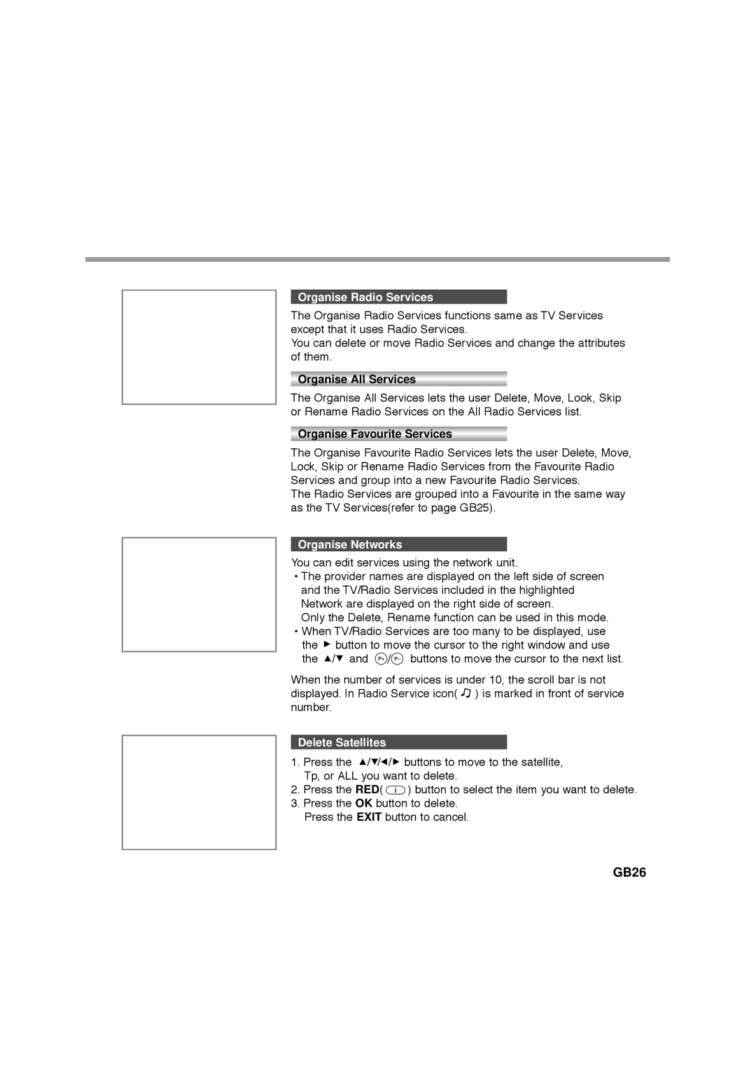 Humax F1-FOX, NA-FOX, CA-FOX, VA-FOX manual GB26, Organise Radio Services, Organise Networks, Delete Satellites 