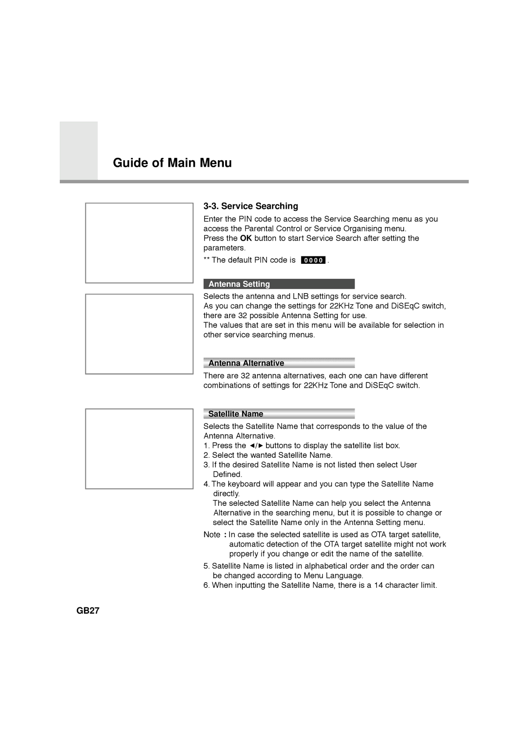 Humax NA-FOX, F1-FOX, CA-FOX, VA-FOX manual Service Searching, GB27, Antenna Setting, Antenna Alternative, Satellite Name 