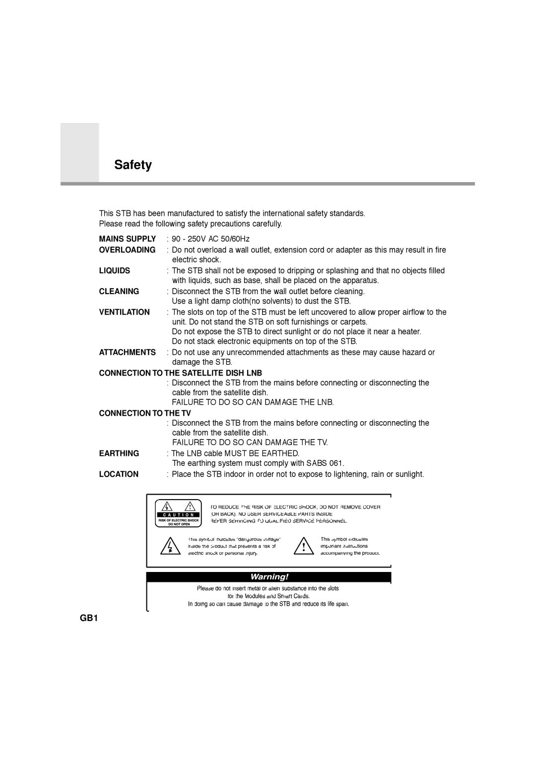 Humax VA-FOX, F1-FOX, NA-FOX, CA-FOX manual Safety, Liquids 