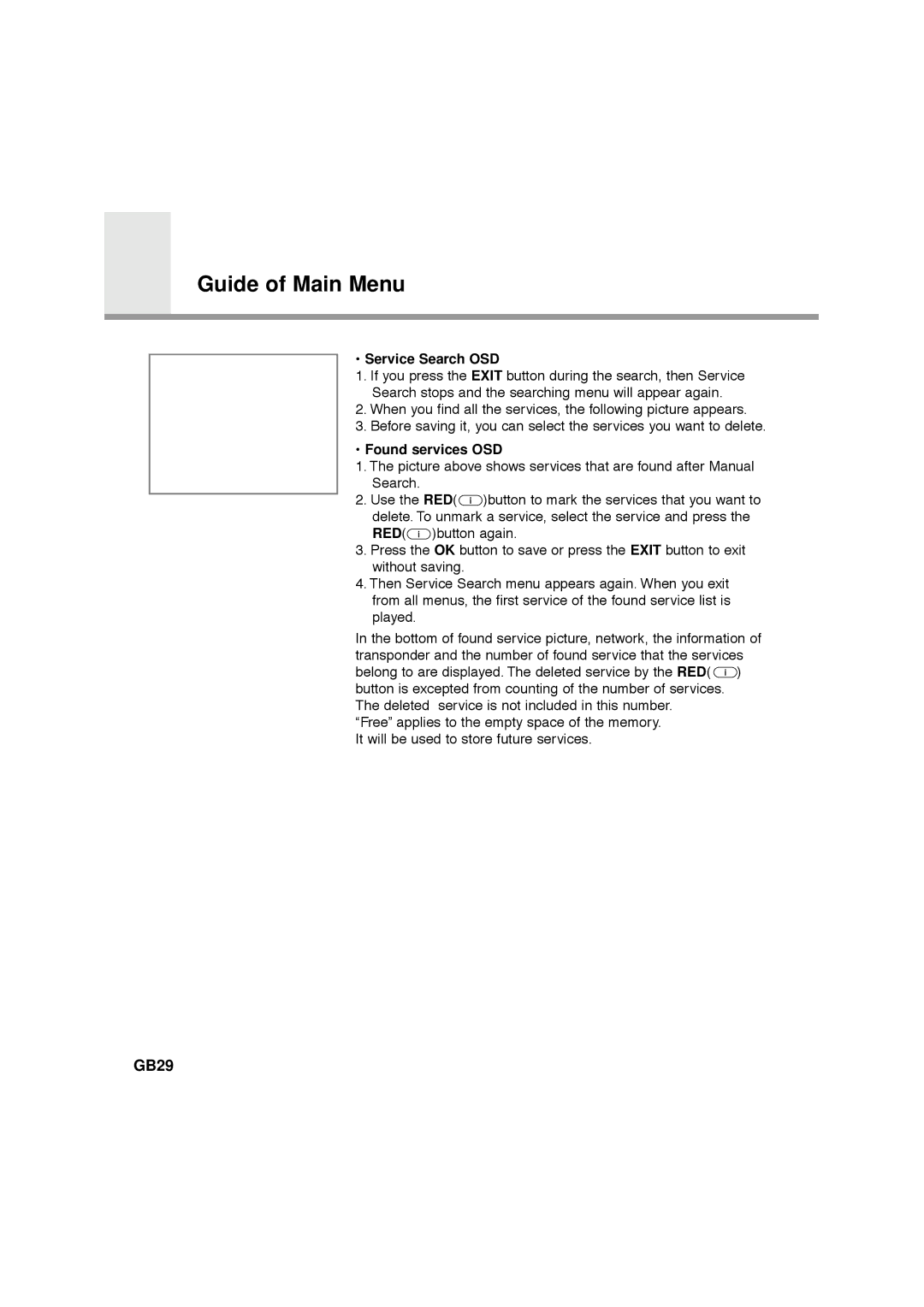 Humax VA-FOX, F1-FOX, NA-FOX, CA-FOX manual GB29, Service Search OSD, Found services OSD 