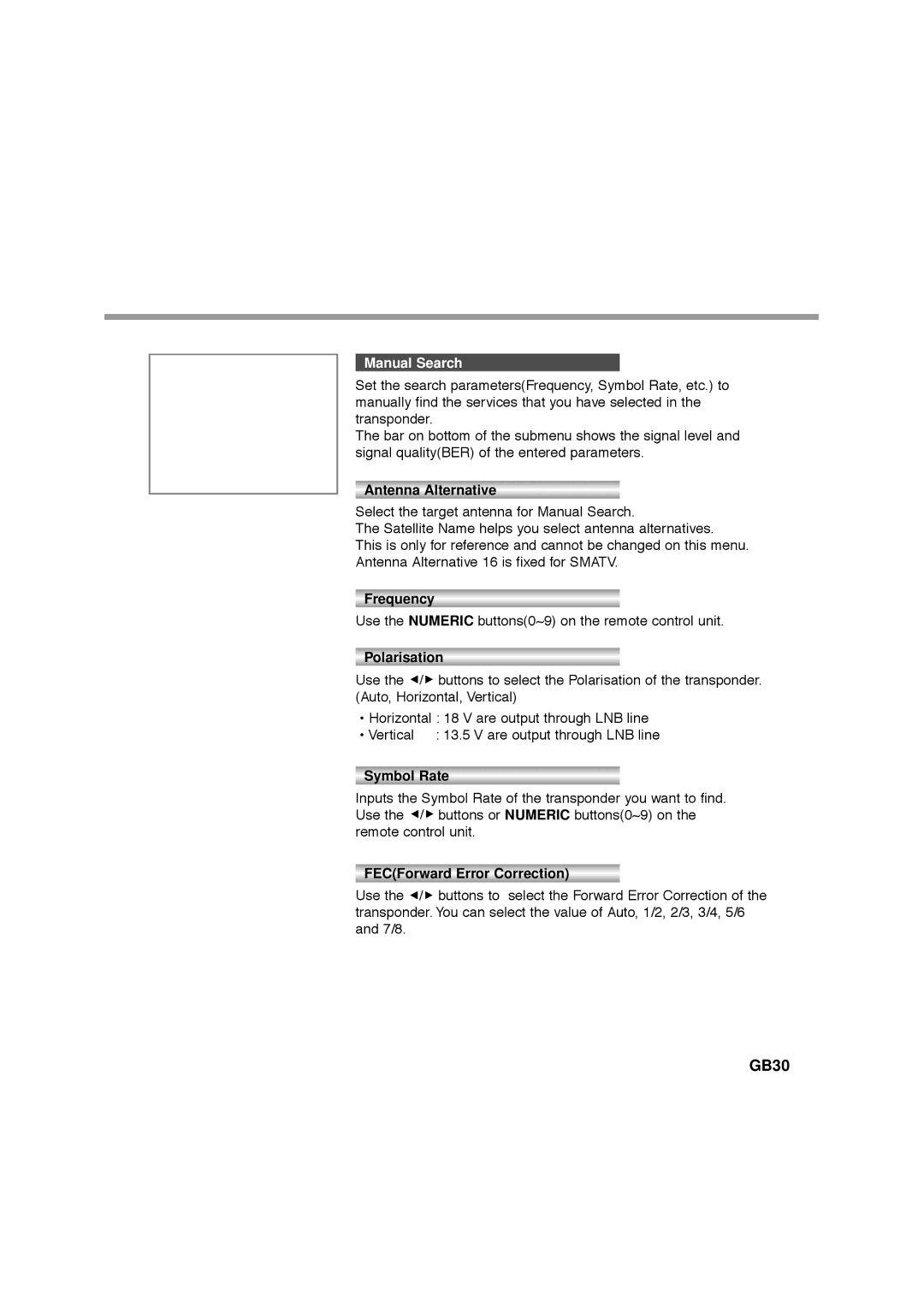 Humax F1-FOX, NA-FOX, CA-FOX, VA-FOX manual GB30, Manual Search, Symbol Rate, FECForward Error Correction 