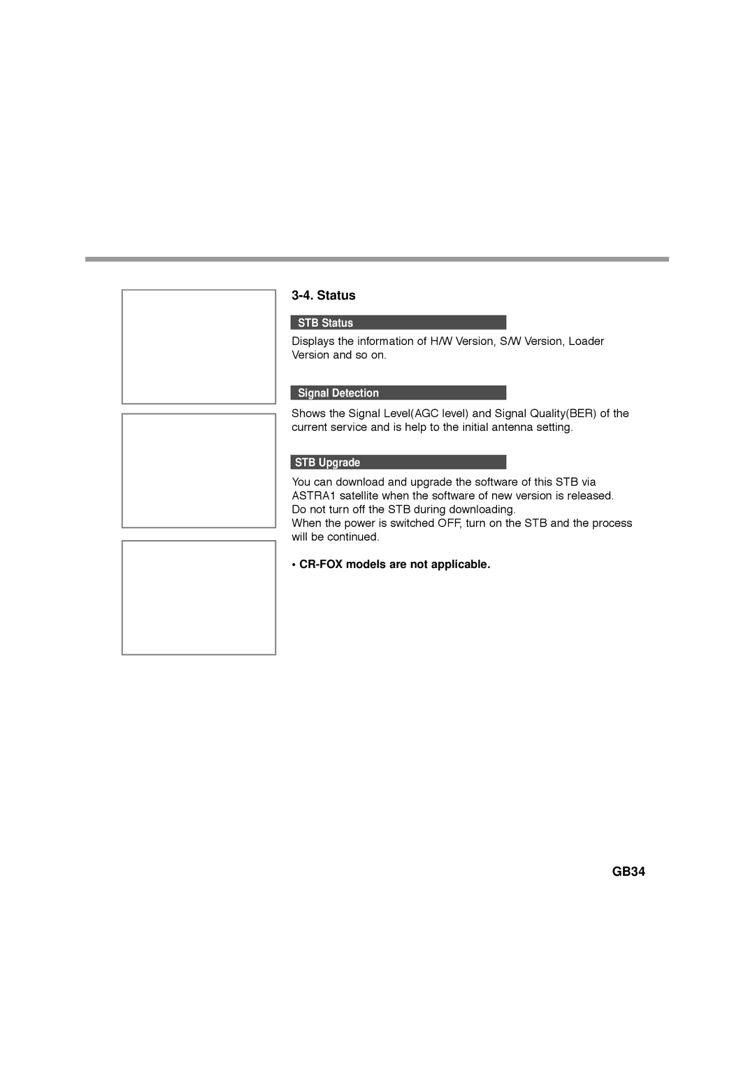 Humax F1-FOX, NA-FOX, CA-FOX, VA-FOX manual GB34, STB Status, Signal Detection, STB Upgrade 