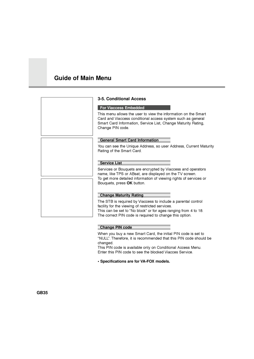 Humax NA-FOX, F1-FOX, CA-FOX, VA-FOX manual Conditional Access, GB35, For Viaccess Embedded 