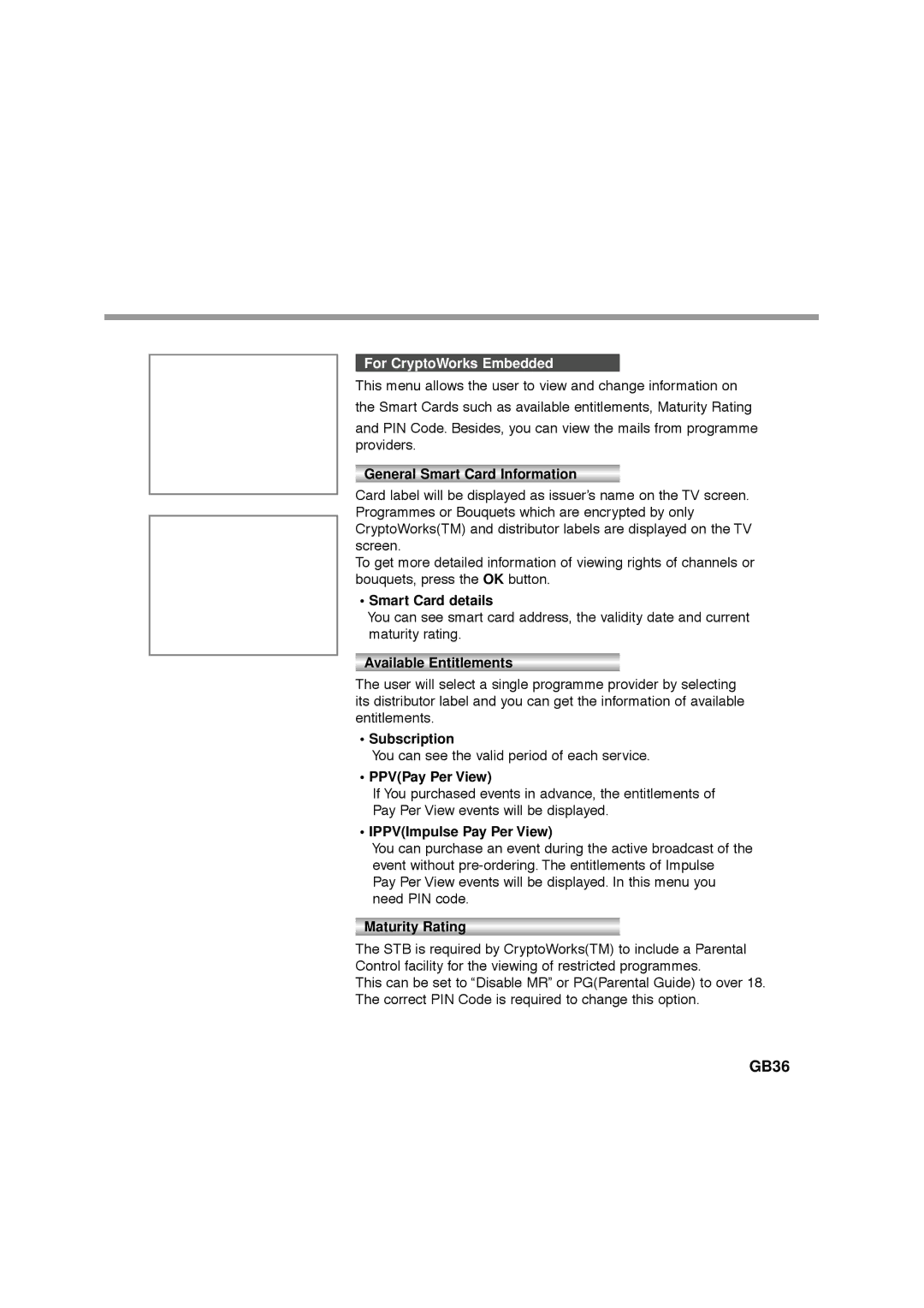 Humax CA-FOX, F1-FOX, NA-FOX, VA-FOX manual GB36, For CryptoWorks Embedded 