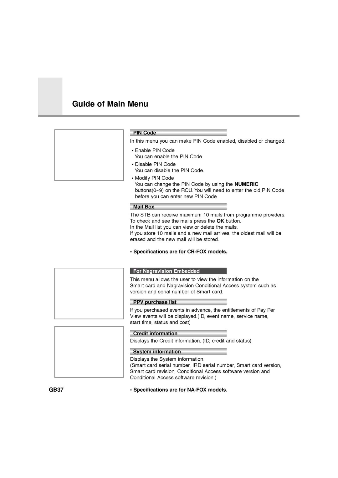 Humax VA-FOX, F1-FOX, NA-FOX, CA-FOX manual GB37, For Nagravision Embedded 