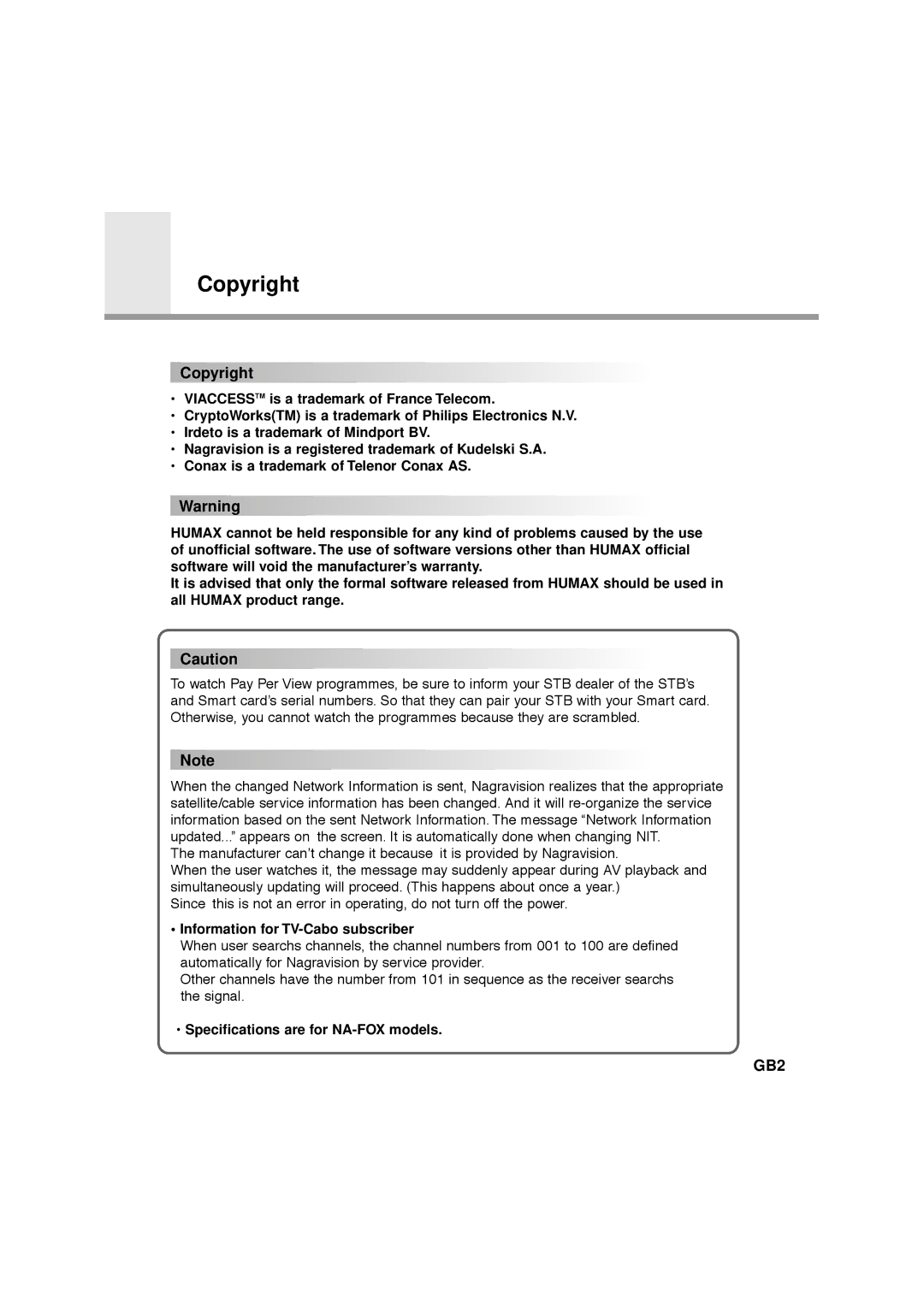 Humax F1-FOX, CA-FOX, VA-FOX manual Copyright, Information for TV-Cabo subscriber, Specifications are for NA-FOX models 