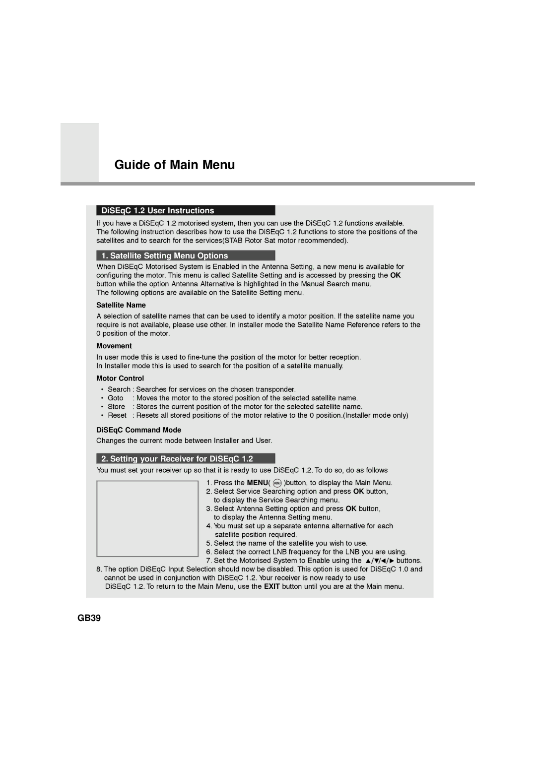 Humax NA-FOX, F1-FOX GB39, DiSEqC 1.2 User Instructions, Satellite Setting Menu Options, Setting your Receiver for DiSEqC 