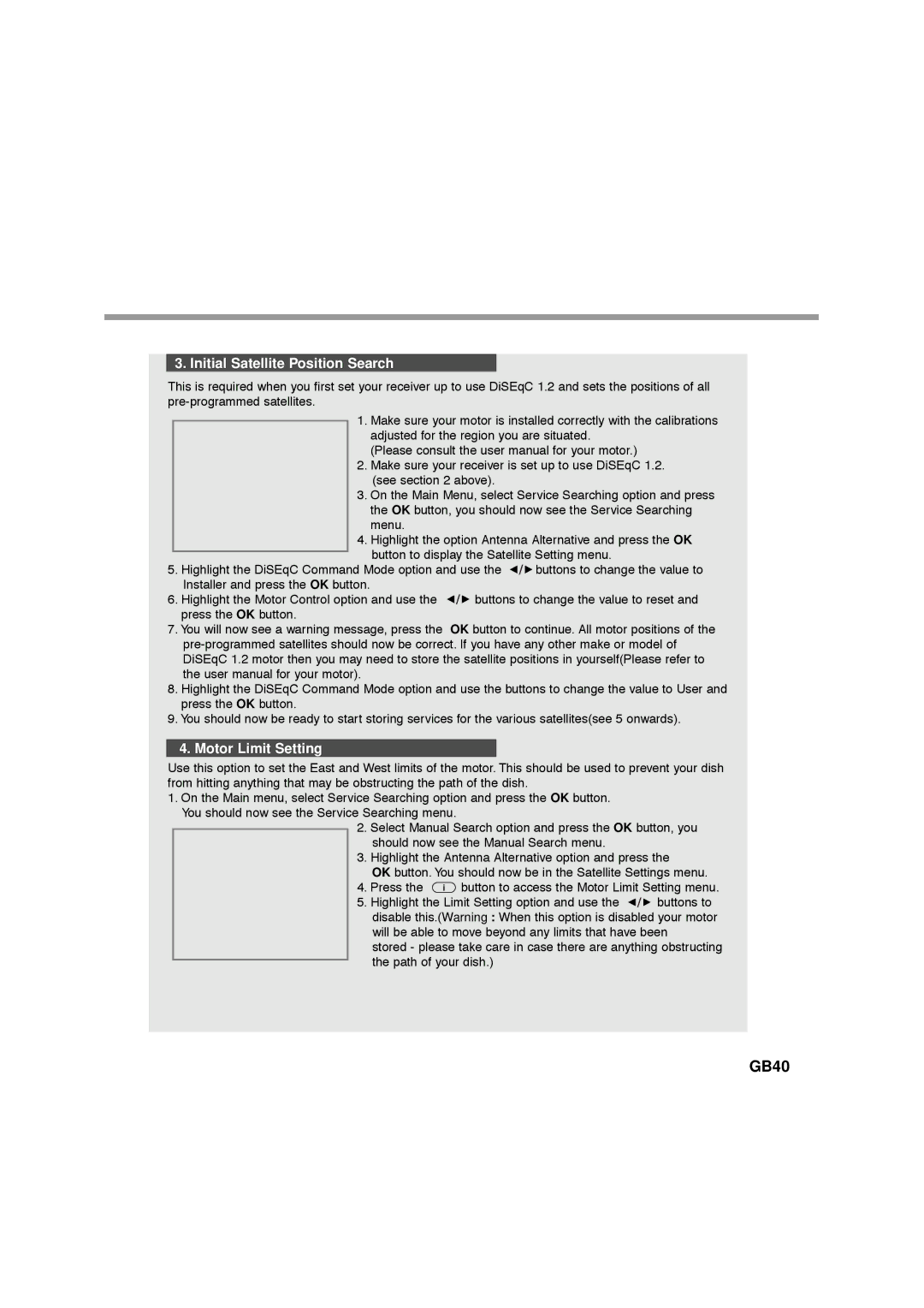 Humax CA-FOX, F1-FOX, NA-FOX, VA-FOX manual GB40, Initial Satellite Position Search, Motor Limit Setting 
