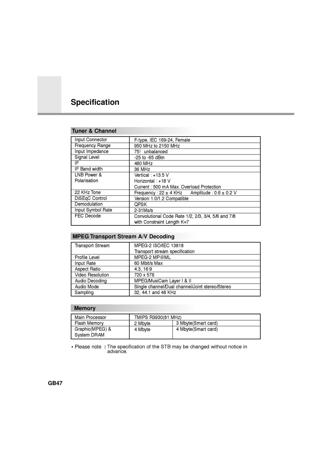 Humax NA-FOX, F1-FOX, CA-FOX, VA-FOX manual Specification, Tuner & Channel, Mpeg Transport Stream A/V Decoding, Memory, GB47 