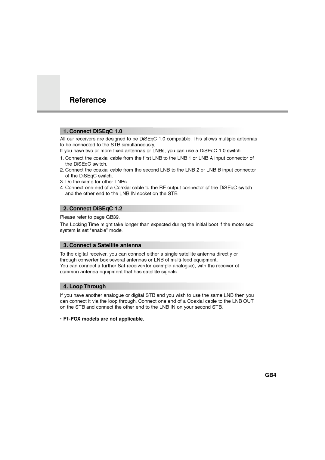 Humax CA-FOX manual Reference, Connect DiSEqC, Connect a Satellite antenna, Loop Through, F1-FOX models are not applicable 