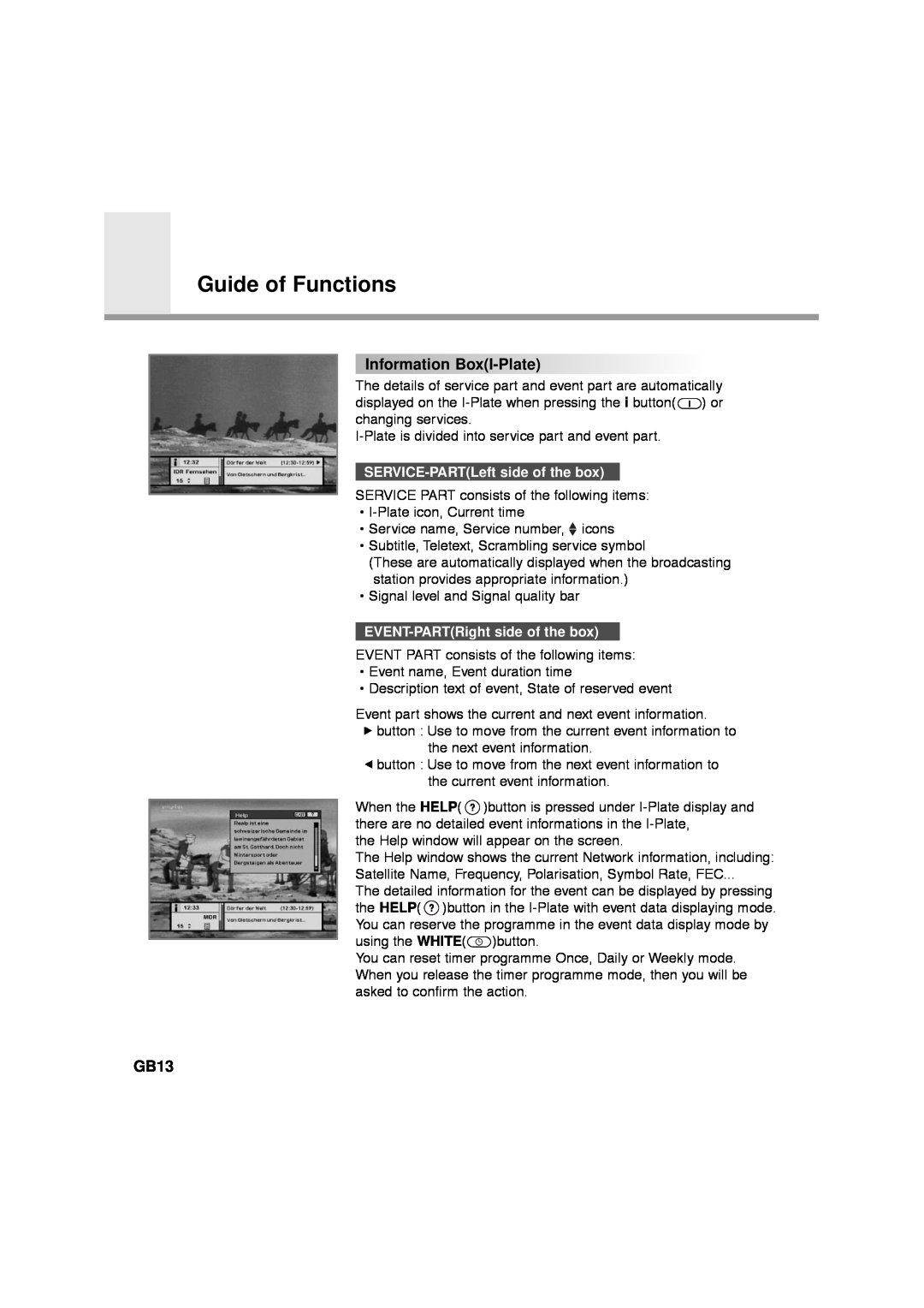 Humax VA-FOX, F1-FOX, NA-FOX, CA-FOX manual Guide of Functions, Information BoxI-Plate, GB13, SERVICE-PARTLeftside of the box 