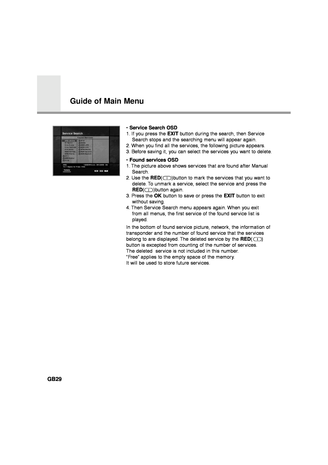 Humax VA-FOX, F1-FOX, NA-FOX, CA-FOX manual GB29, Service Search OSD, •Found services OSD, Guide of Main Menu 