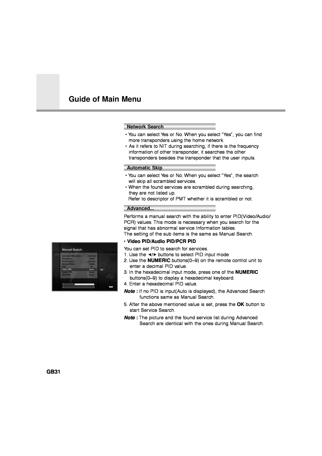 Humax NA-FOX, F1-FOX manual GB31, Network Search, Automatic Skip, Advanced, Video PID/Audio PID/PCR PID, Guide of Main Menu 