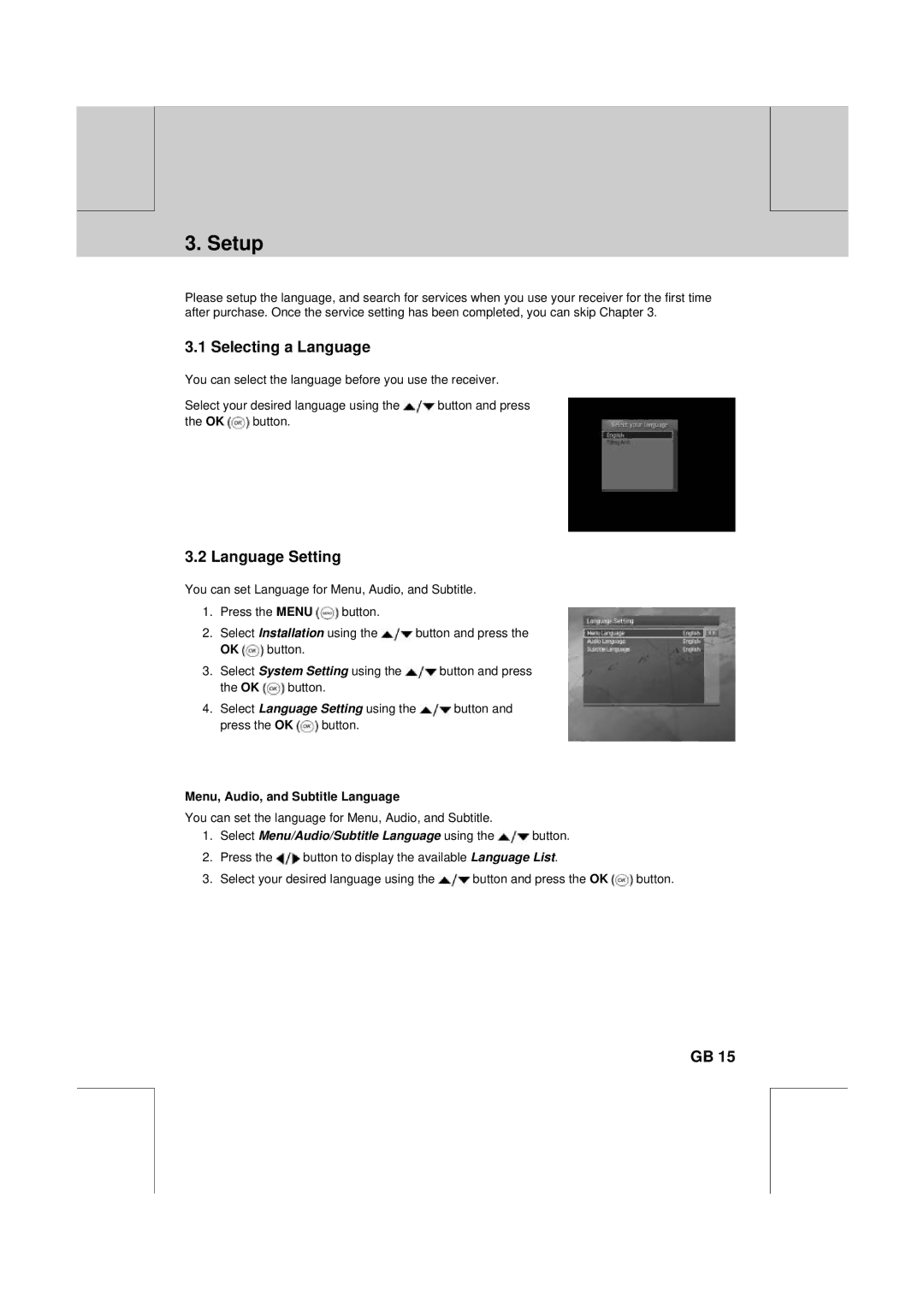 Humax F2-1010T manual Setup, Selecting a Language, Language Setting, Menu, Audio, and Subtitle Language 