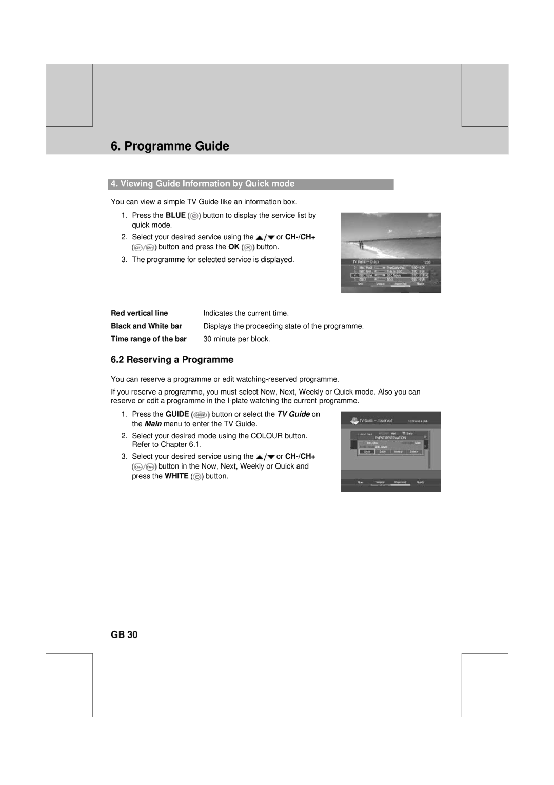 Humax F2-1010T manual Programme Guide, Reserving a Programme, Viewing Guide Information by Quick mode, Red vertical line 