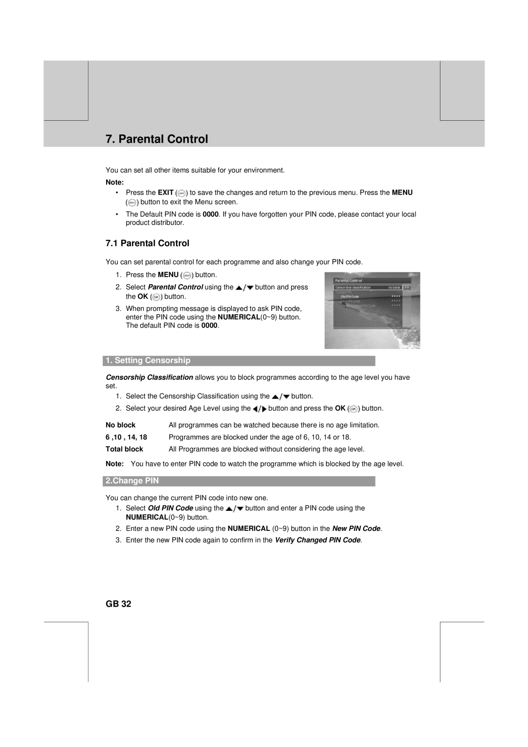 Humax F2-1010T manual Parental Control, Setting Censorship, Change PIN, No block 