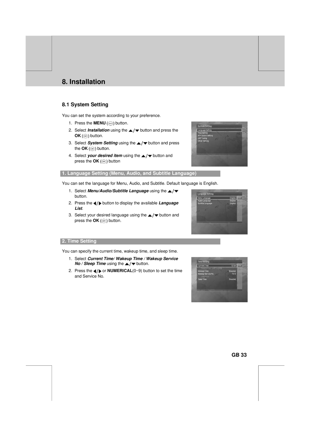 Humax F2-1010T manual Installation, System Setting, Language Setting Menu, Audio, and Subtitle Language, Time Setting 