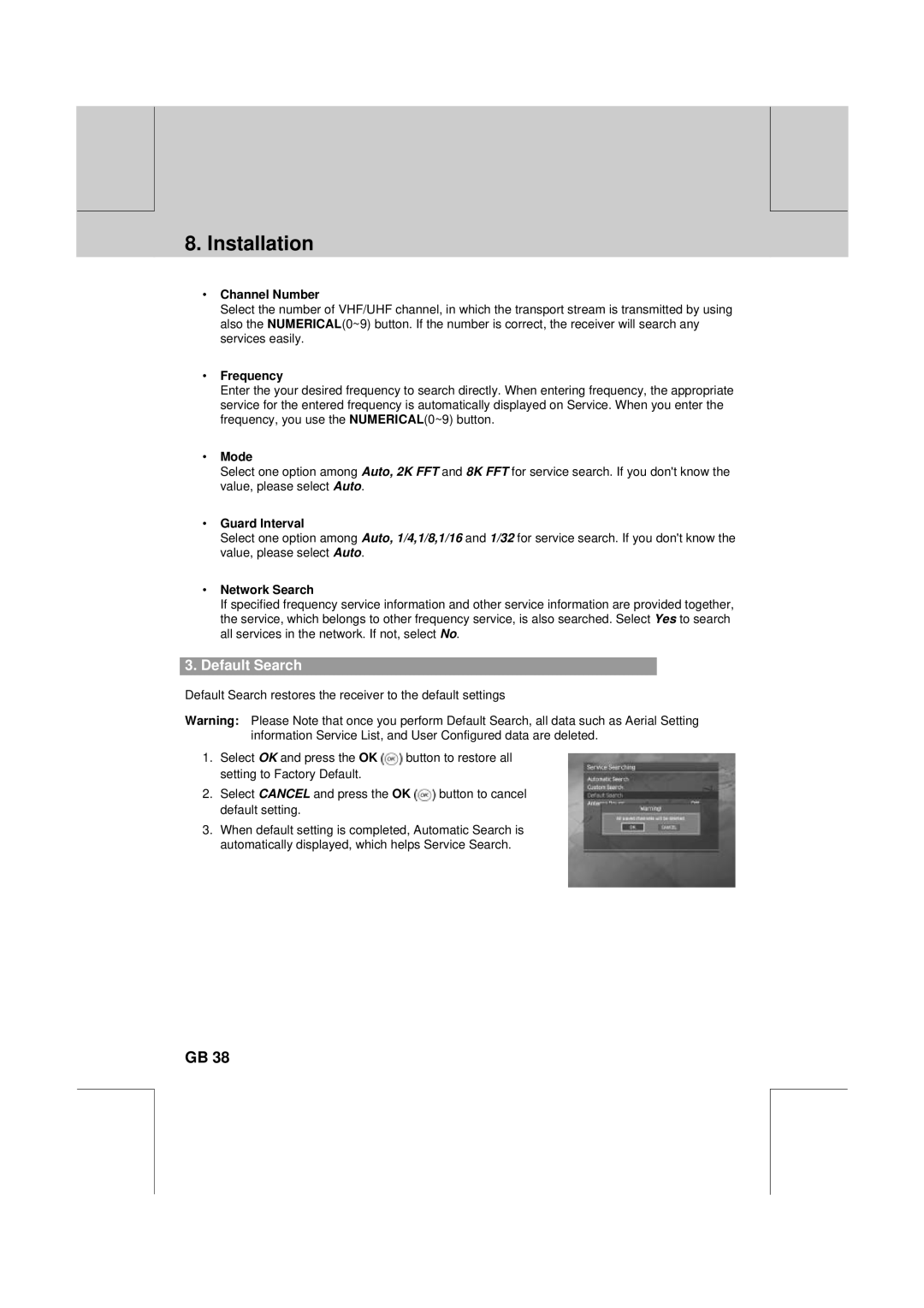 Humax F2-1010T manual Default Search, Channel Number 