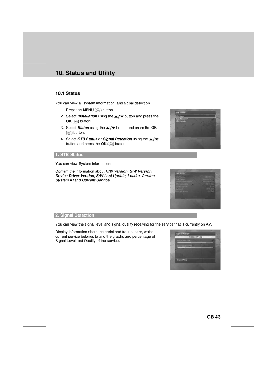 Humax F2-1010T manual Status and Utility, STB Status, Signal Detection 