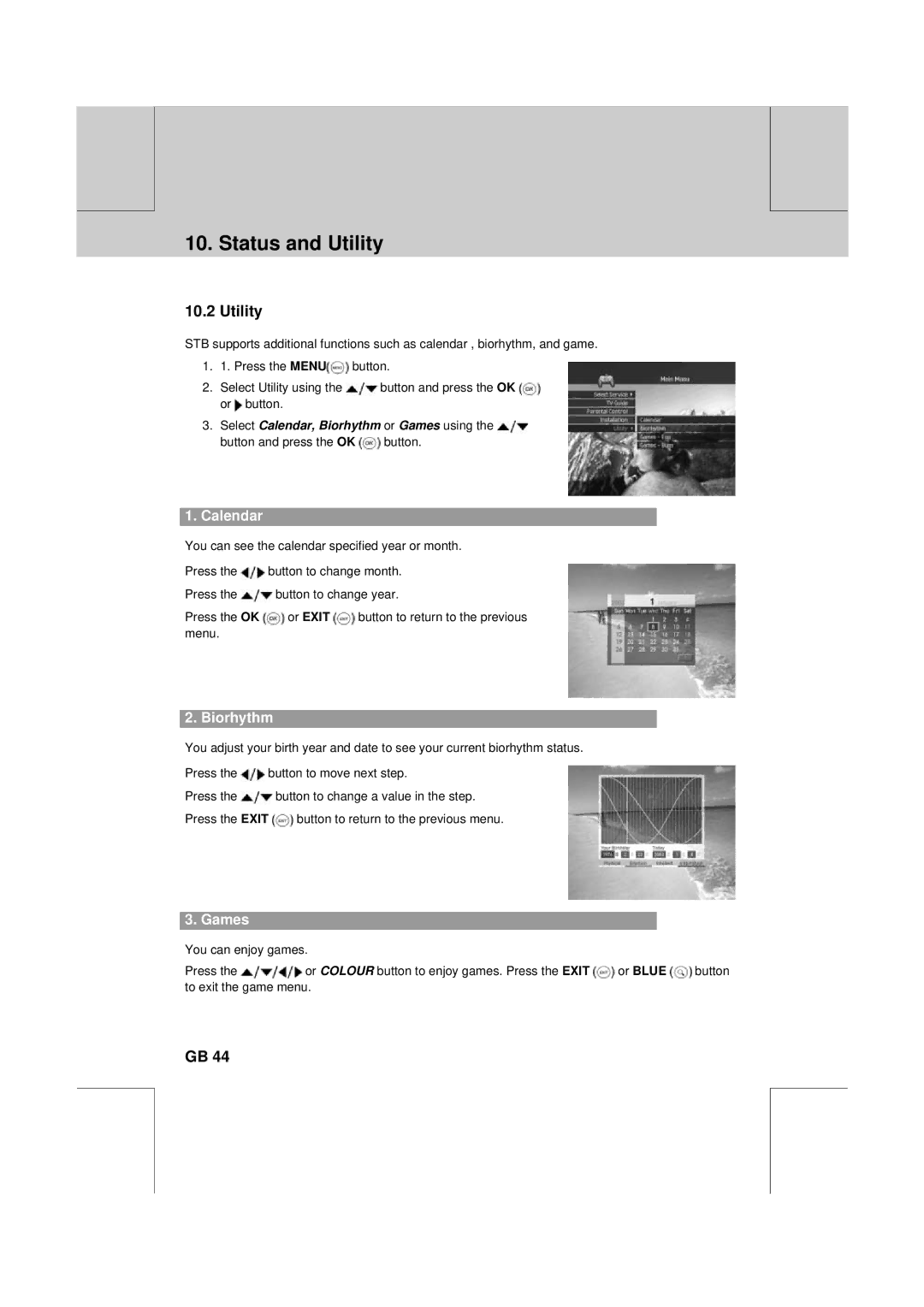 Humax F2-1010T manual Utility, Calendar, Biorhythm, Games 