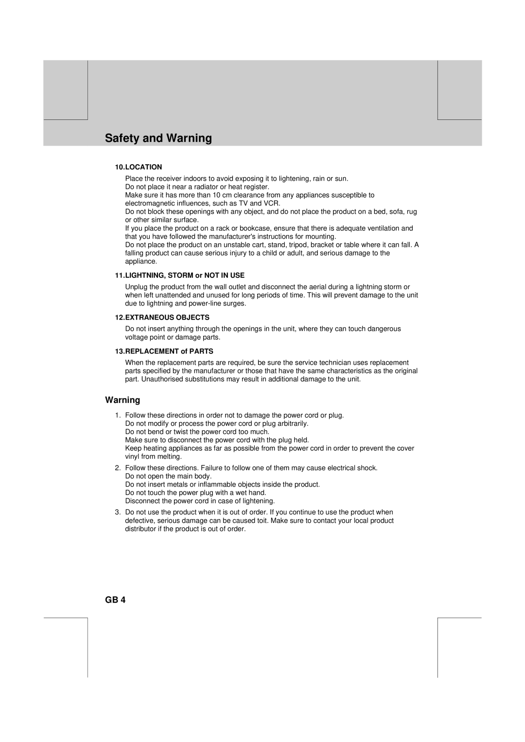 Humax F2-1010T manual LIGHTNING, Storm or not in USE, Replacement of Parts 