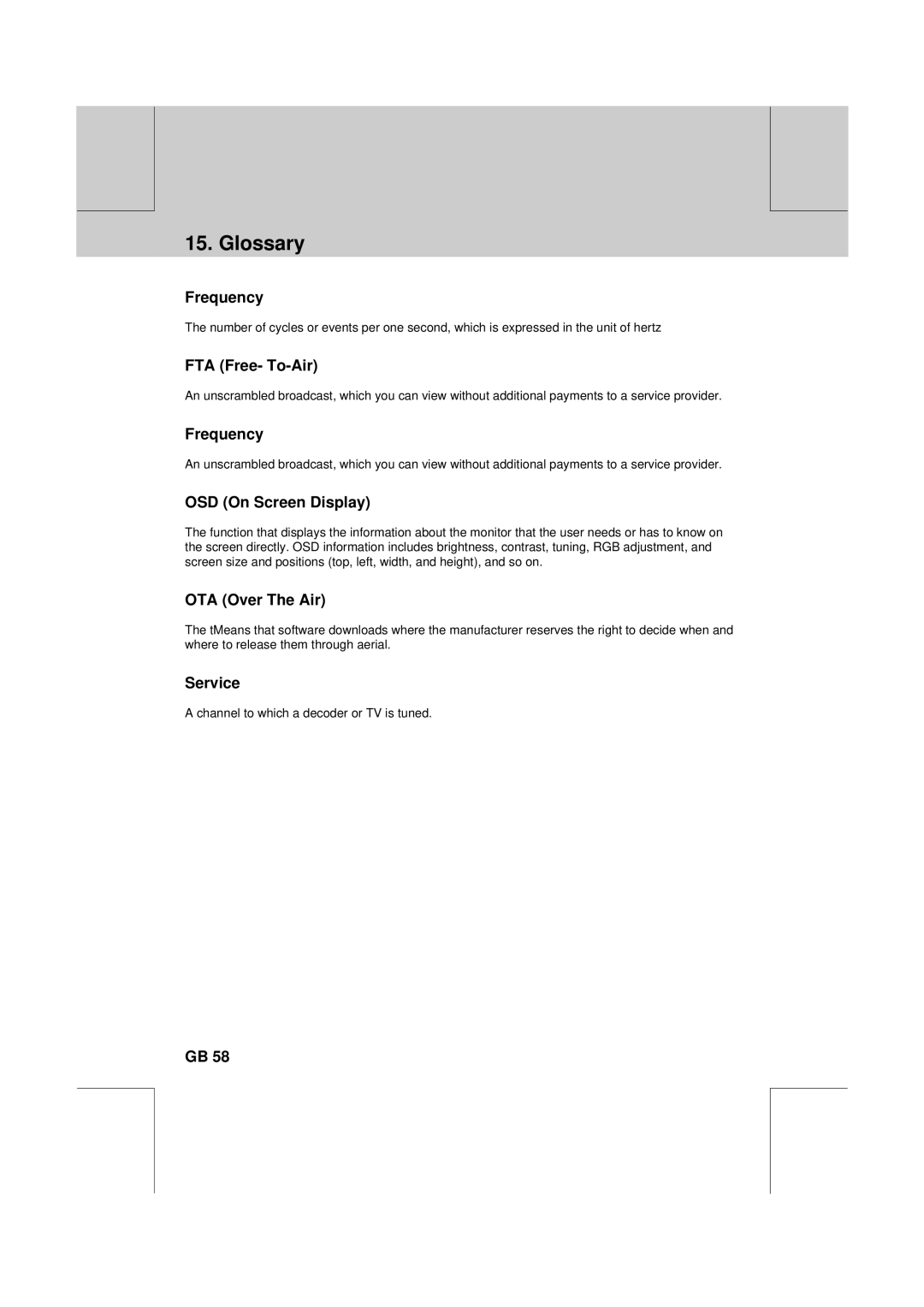 Humax F2-1010T manual Glossary, Frequency, FTA Free- To-Air, OSD On Screen Display, Service 