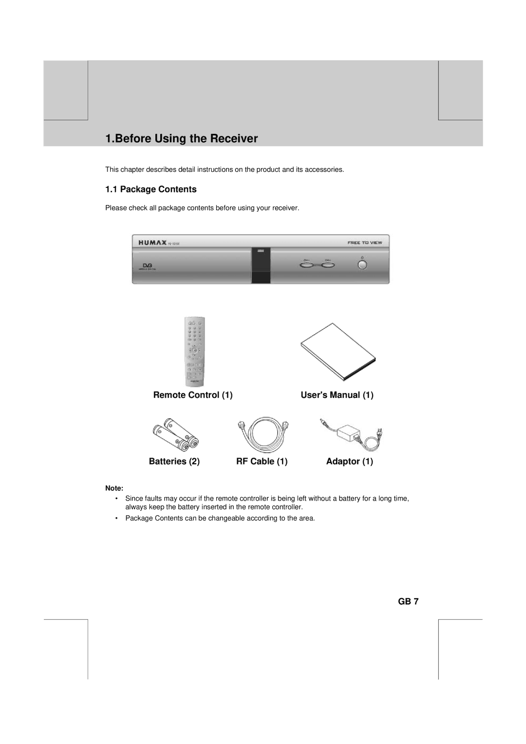 Humax F2-1010T manual Before Using the Receiver, Package Contents, Remote Control Batteries RF Cable Adaptor 