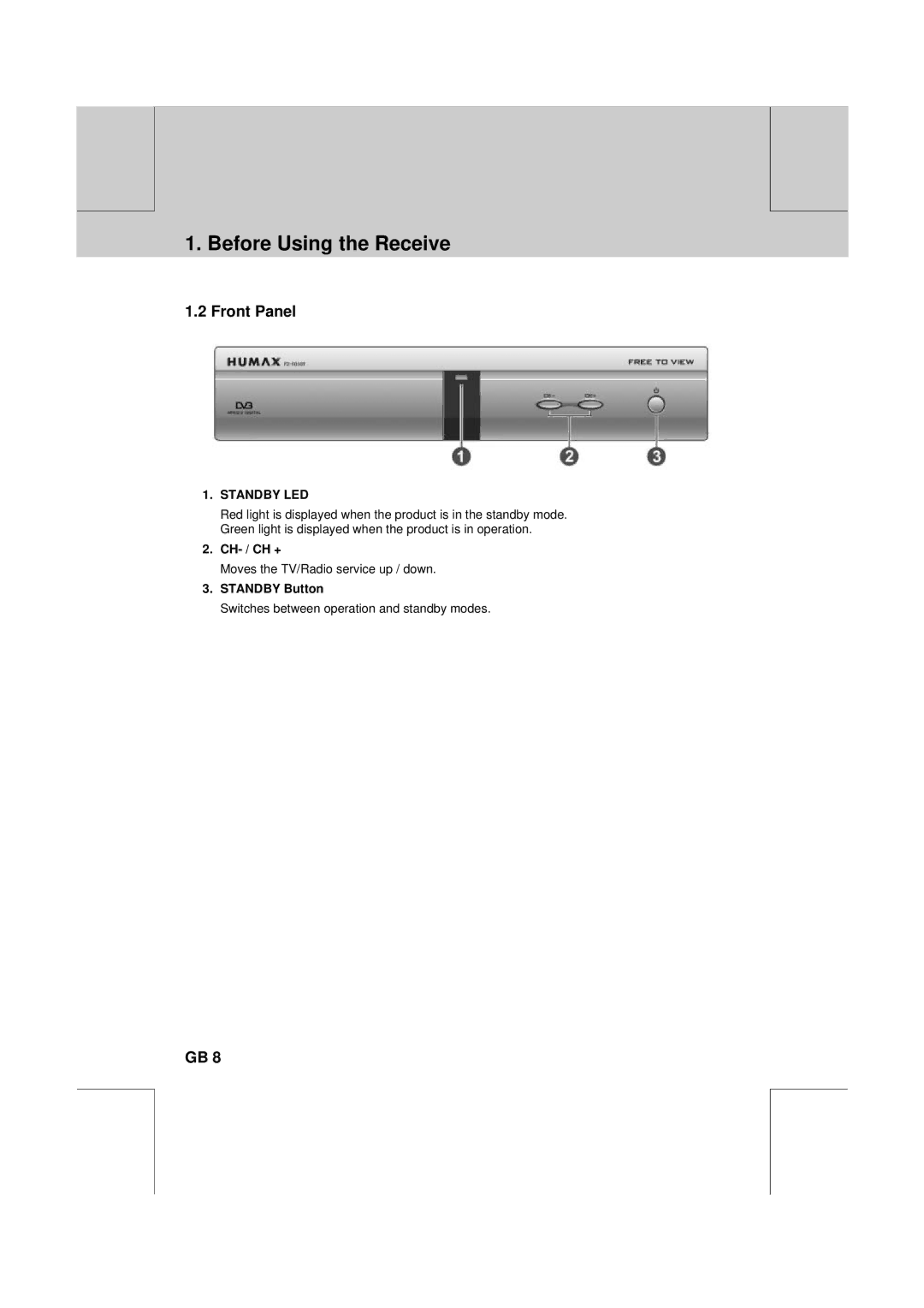 Humax F2-1010T manual Before Using the Receive, Front Panel, Ch- / Ch +, Standby Button 