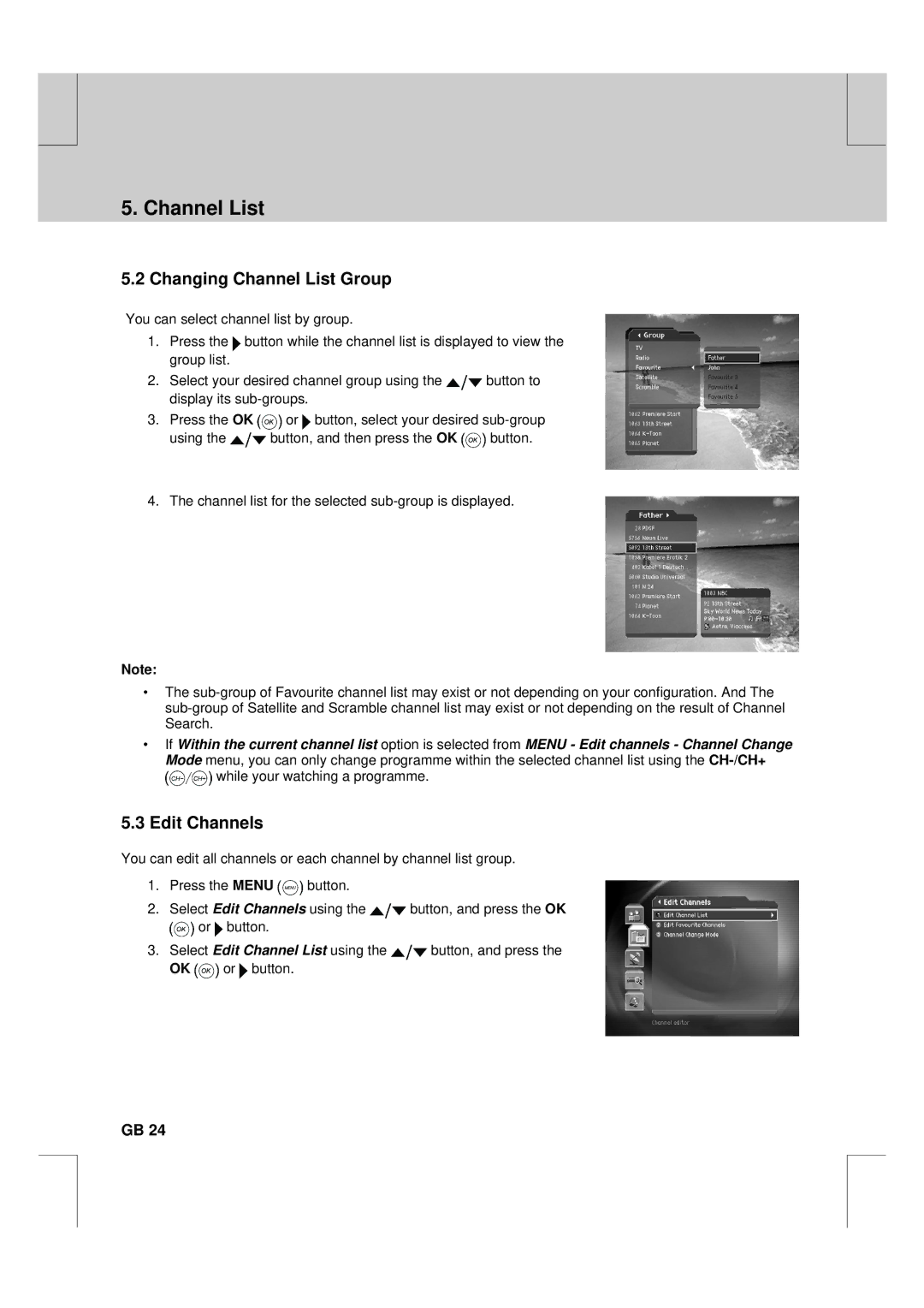 Humax F2-FOX warranty Changing Channel List Group, Edit Channels 