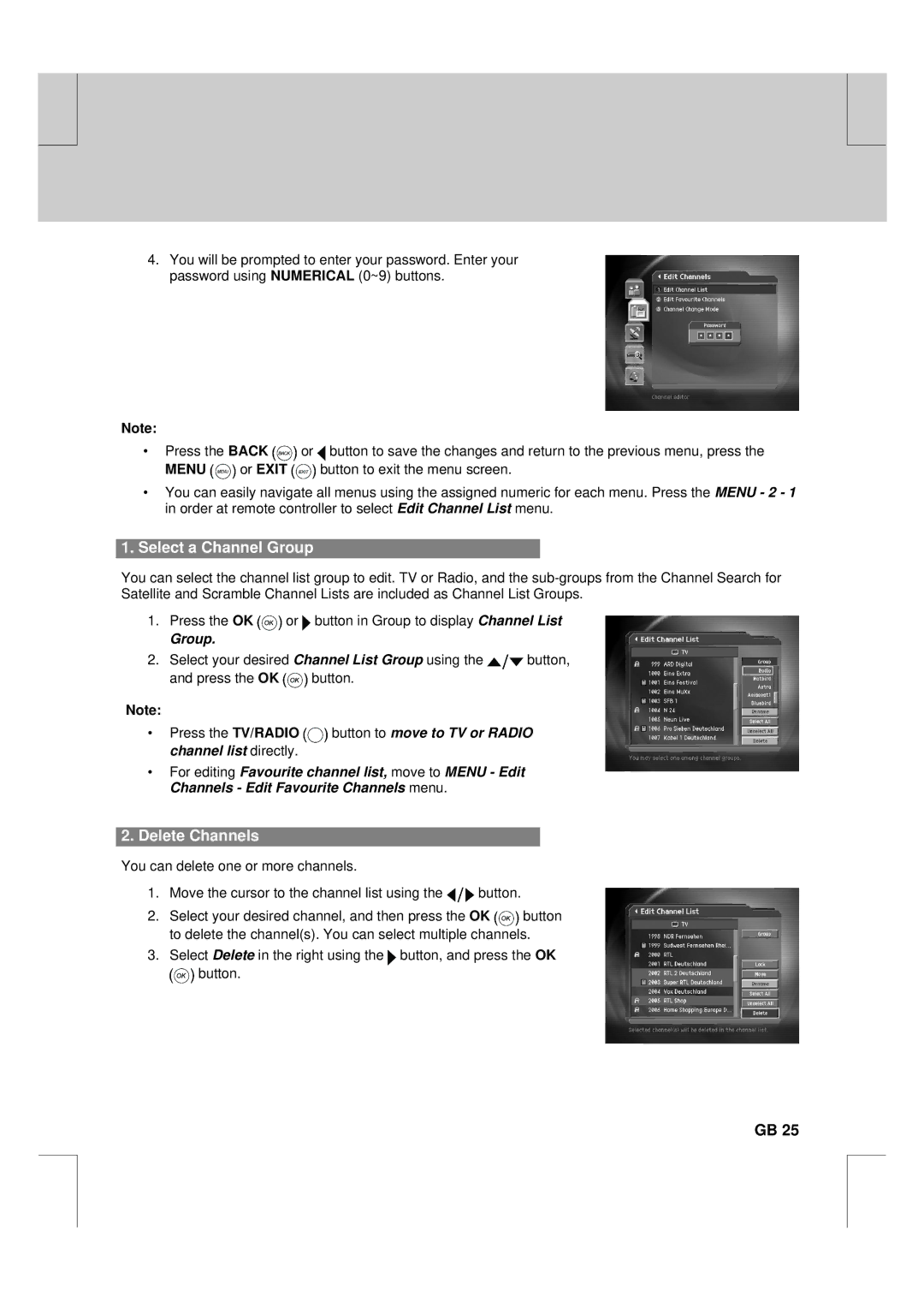 Humax F2-FOX warranty Select a Channel Group, Delete Channels 