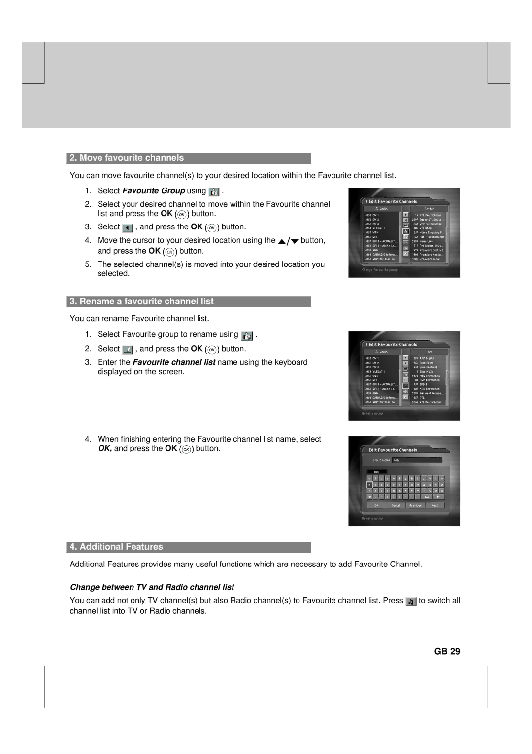 Humax F2-FOX warranty Move favourite channels, Rename a favourite channel list, Additional Features 