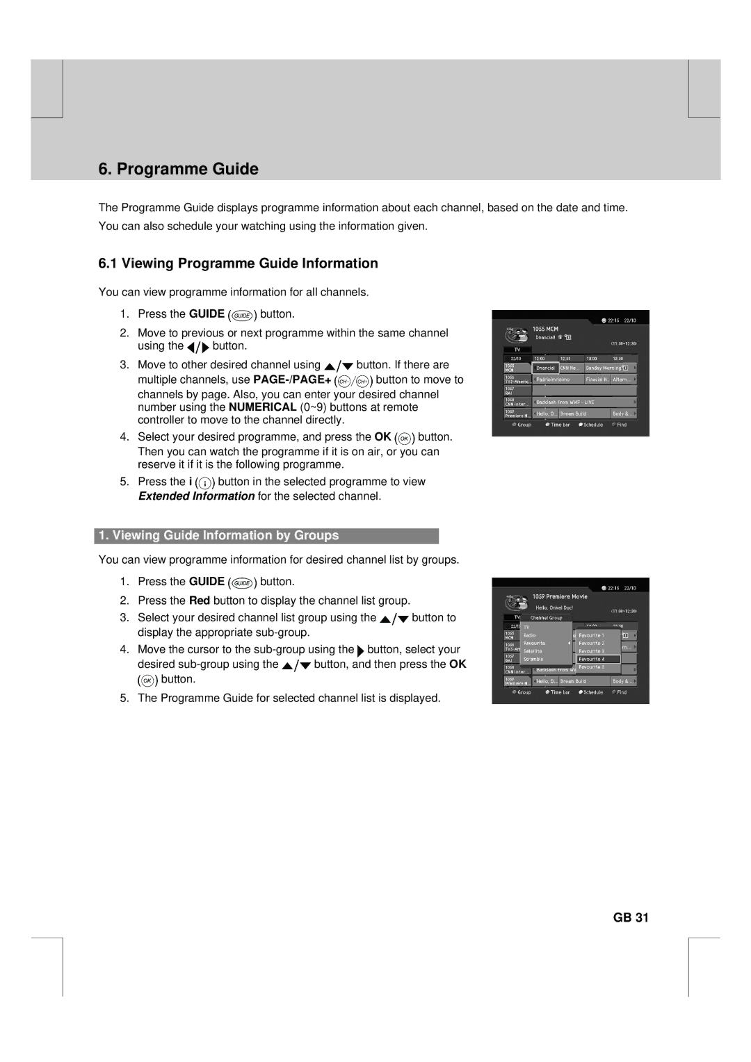 Humax F2-FOX warranty Viewing Programme Guide Information, Viewing Guide Information by Groups 