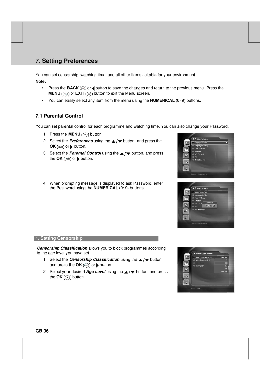 Humax F2-FOX warranty Setting Preferences, Parental Control, Setting Censorship 