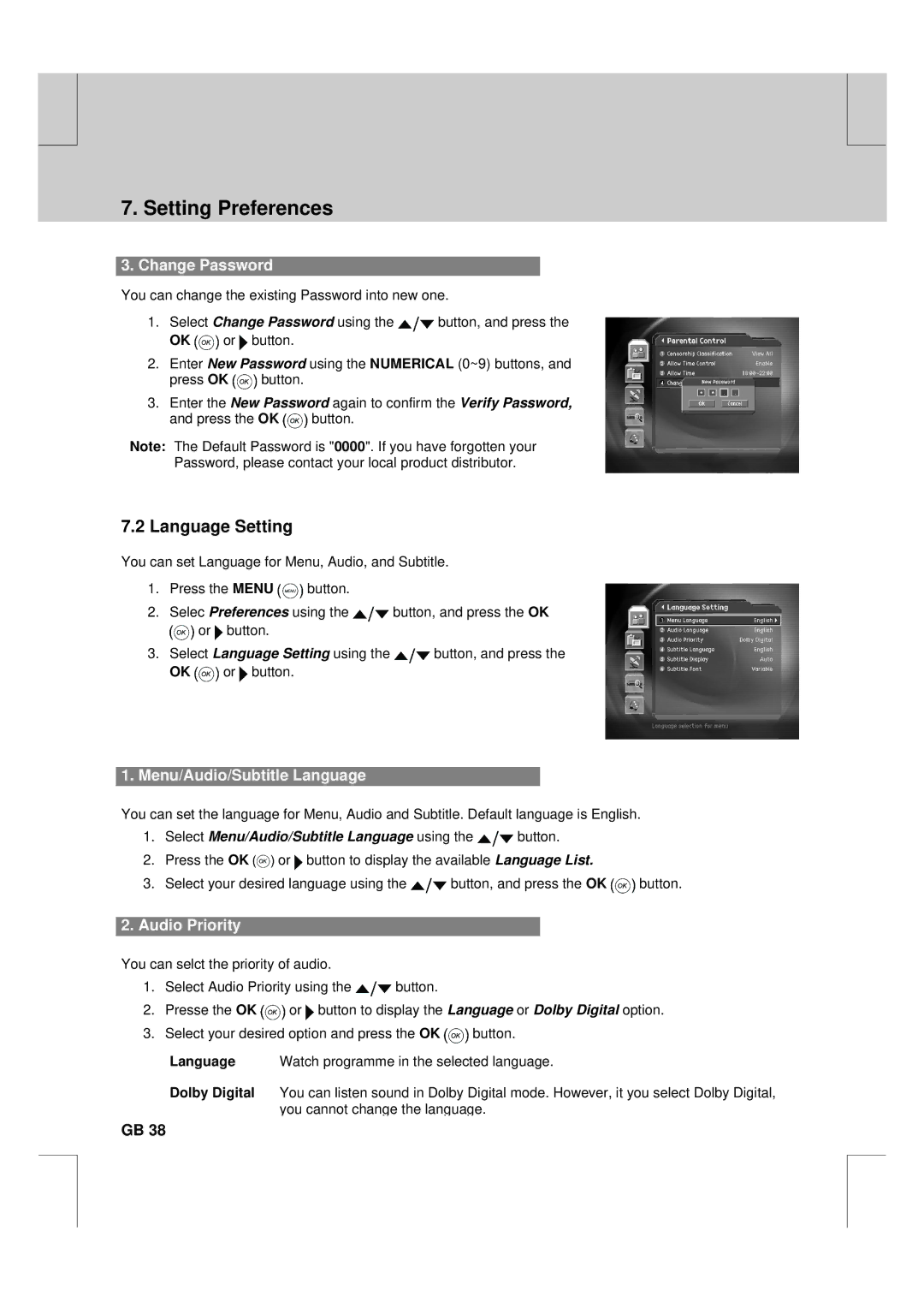 Humax F2-FOX warranty Language Setting, Change Password, Menu/Audio/Subtitle Language, Audio Priority 