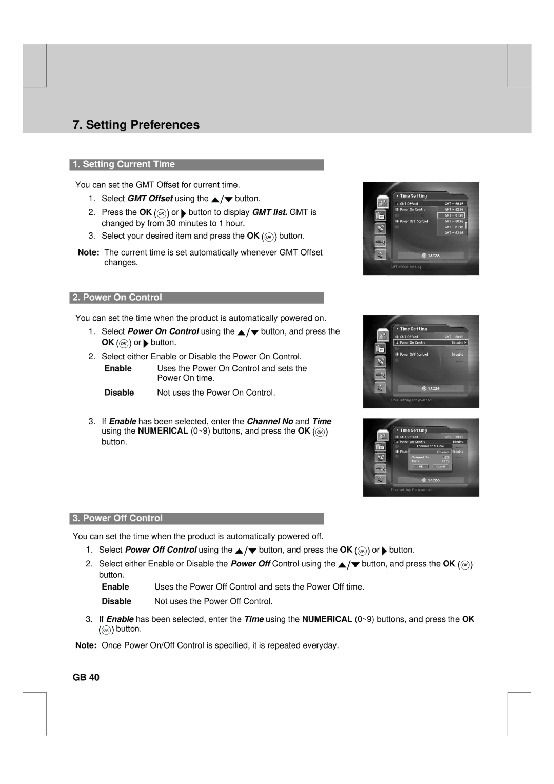 Humax F2-FOX warranty Setting Preferences, Setting Current Time, Power On Control, Power Off Control 