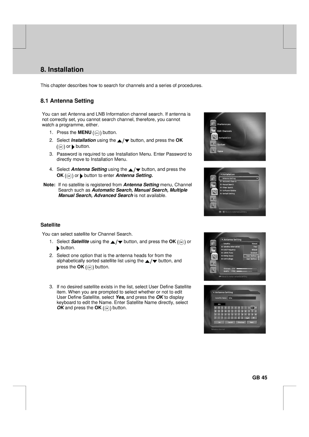 Humax F2-FOX warranty Installation, Satellite 