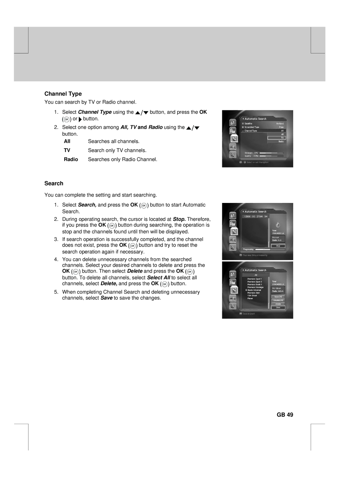 Humax F2-FOX warranty Channel Type, Search 