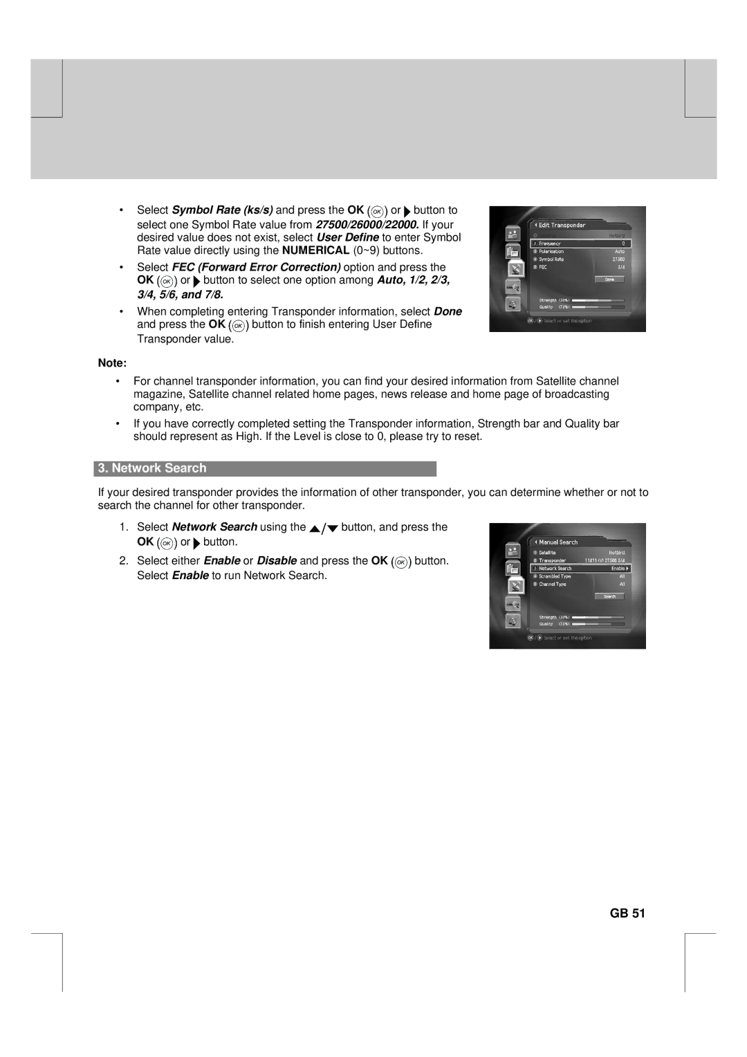 Humax F2-FOX warranty Network Search, Select FEC Forward Error Correction option and press 