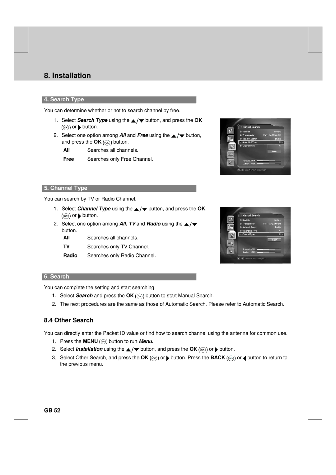 Humax F2-FOX warranty Other Search, Search Type, Channel Type, All 