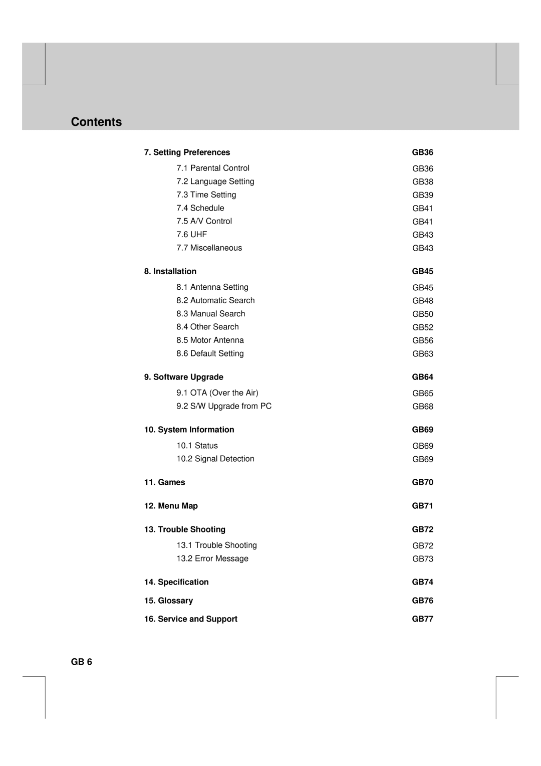 Humax F2-FOX warranty Setting Preferences GB36, Installation GB45 